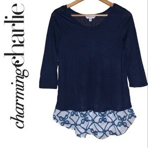 CHARMING CHARLIE 3/4-Sleeve Navy White Nautical Layer Tunic Top Women’s S